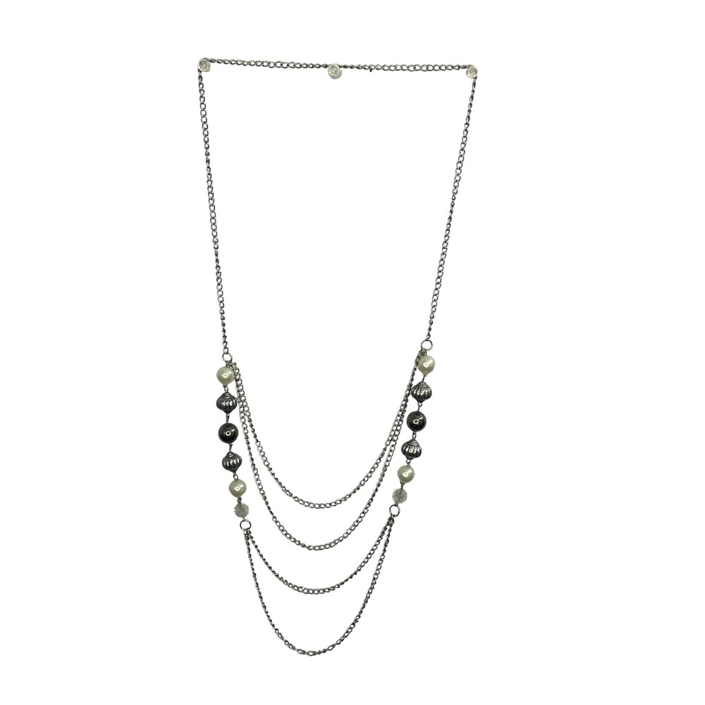 Womens Silver Tone Multi Strand Layered Necklace Faux Pearl Beaded 39 Inch Long